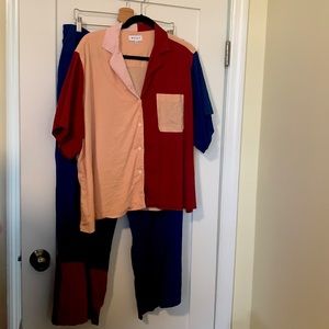Wray NYC linen Colorblock Lounge set 3XL - Blue, Burgundy, Peach, Pink
